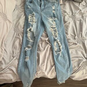 SHEIN Light Blue Distressed Straight Leg Jeans
